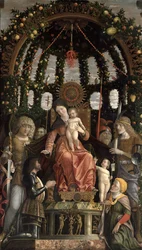 Die Jungfrau des Sieges oder Die Madonna mit Kind auf dem Thron mit sechs Heiligen und verehrt von Gian-Francesco II. Gonzaga, in Auftrag gegeben 1495